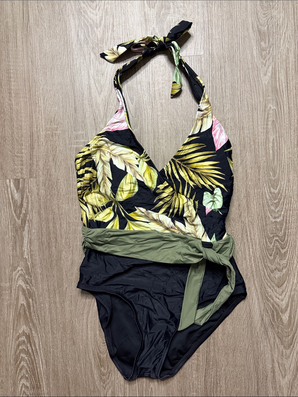 Black Tropical One-Piece Swimsuit with Green Sash